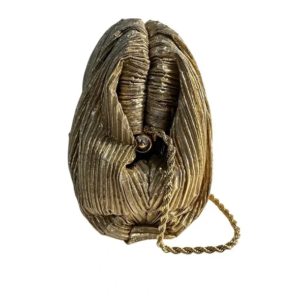 Loeffler Randall Bailey Oro Lame Pleated Clutch Dome Shape Gold Metallic Glam - Picture 8 of 10